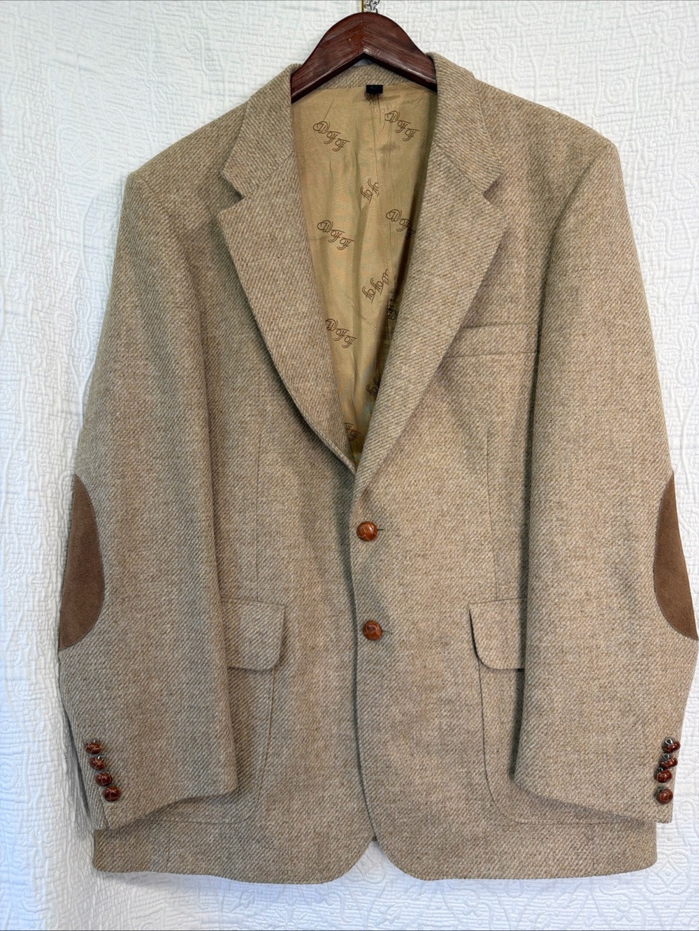 Farah WFF Vintage 100 Wool Tweed Sport Coat 2 Button Blazer Mens 42R Elbow Patch